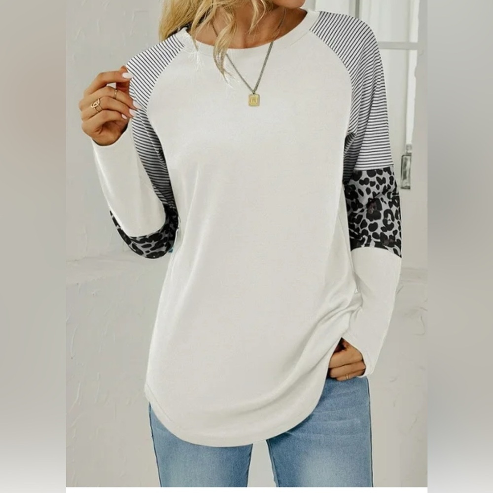 Harhay Women Casual Long Sleeve Crew Neck‎ Trendy Leopard Color Block Top Sz Med